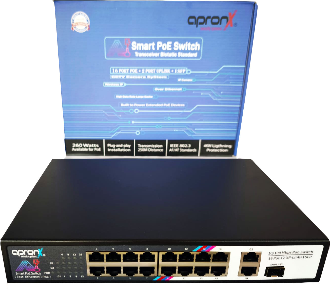 APRONX 16 PORT 10/100 16 POE PORTS+2GB UPLINK+1SFP 260W SWITCH