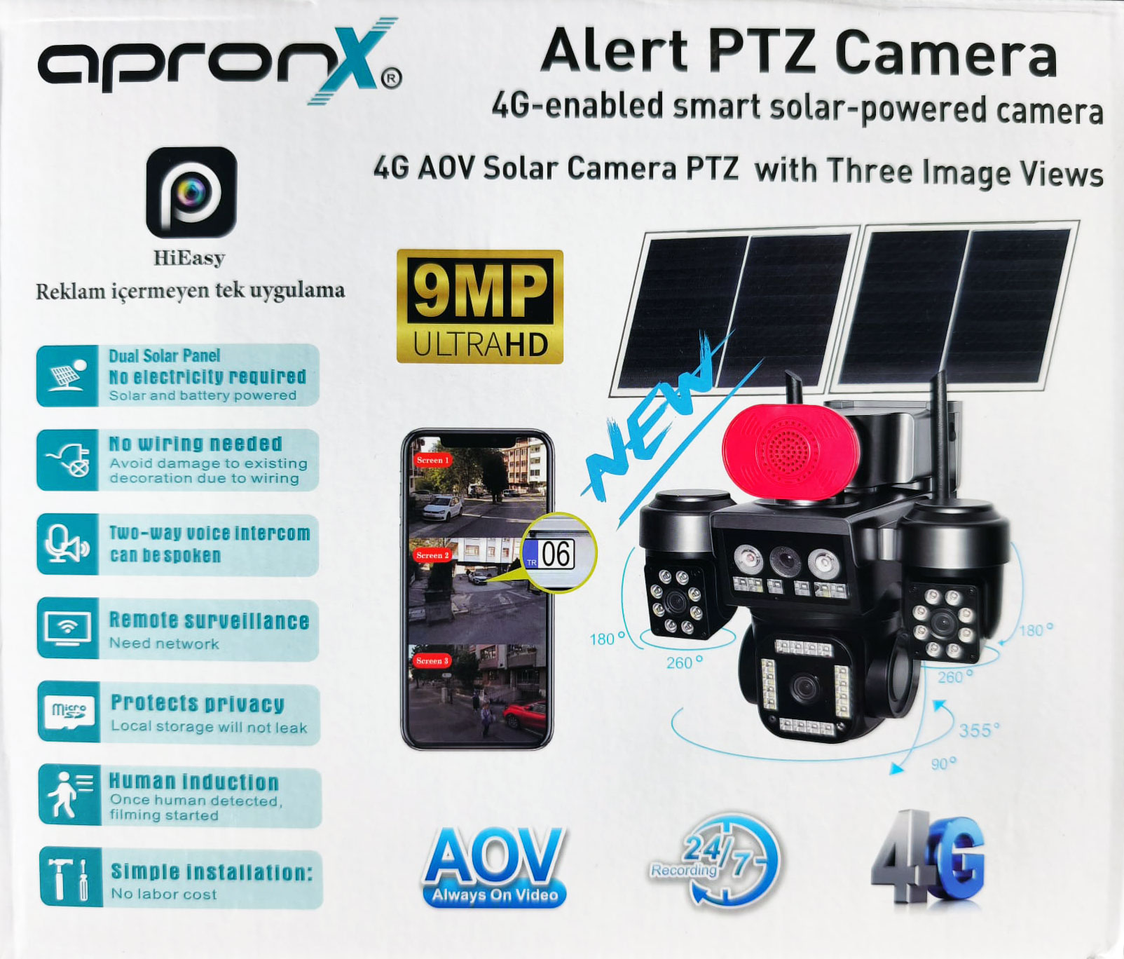 APRONX APX-WSP798 9MP AOV 4G SOLAR U KAMERA 2 SOLAR PANEL 40 LED PTZ